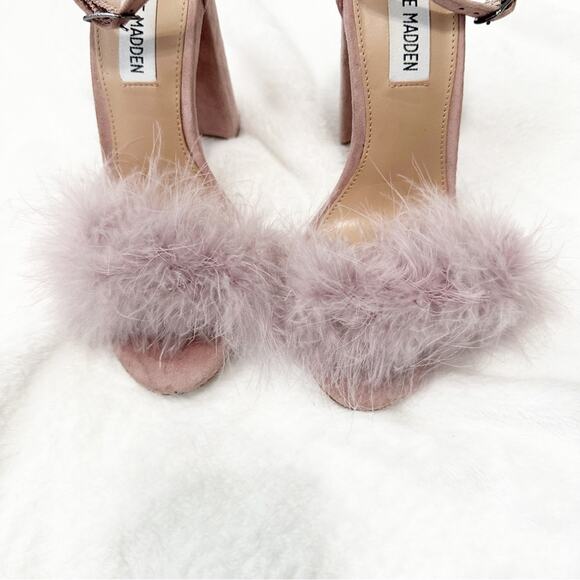 Steve Madden Carabu pink suede leather feather heels size 5.5 peep toe - Picture 4 of 8